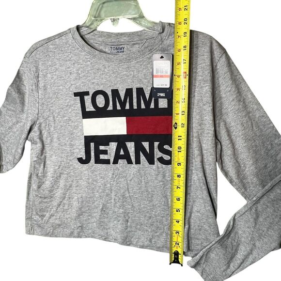 Tommy Jeans Shirt Womens XS Gray Long Sleeve Cropped Flag Logo Crewneck Comfort - Picture 9 of 11
